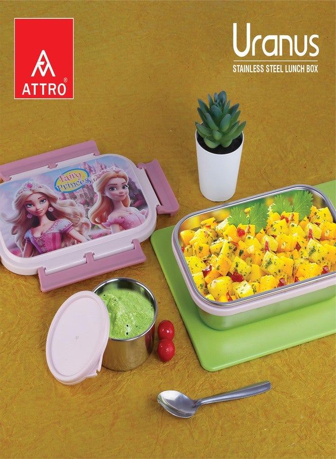 Attro Uranus Stainless Steel Lunch Box with 1 Small Container & Spoon Eyecatchy Fairy Princess Print BPA Free Food Grade, (700ml+160ml)- Pink - Image 3